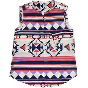 Size small-medium cute, thin, colorful Aztec design top, split neck, curved hem